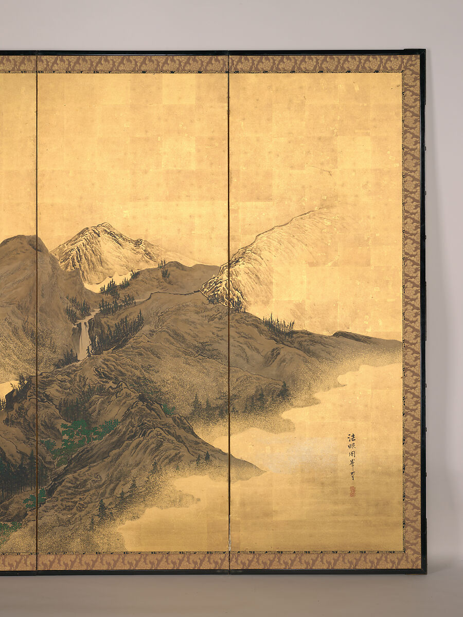 Landscape with Pavilion, Mori Shūhō (Japanese, 1738–1823), Pair of six-panel folding screens; ink, color, gold flecks, and gold leaf on paper, Japan