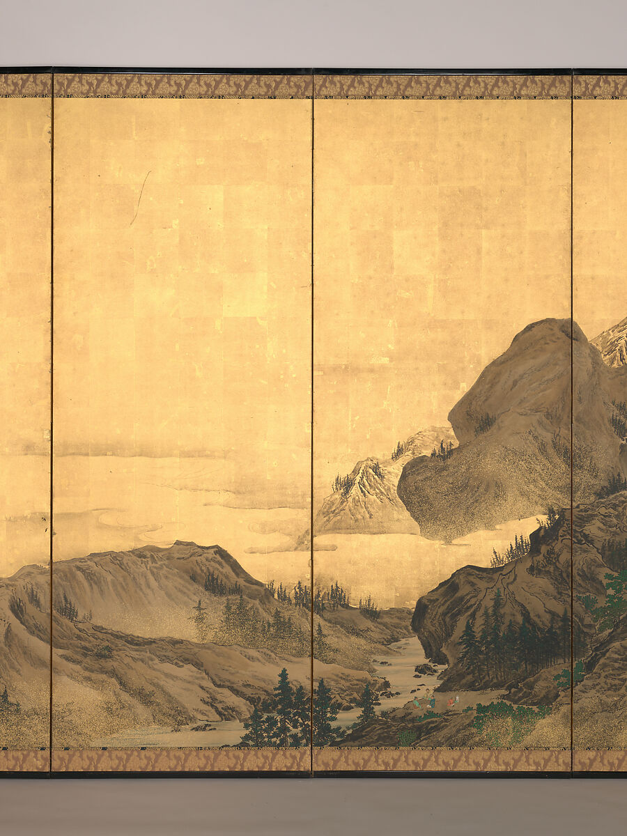 Landscape with Pavilion, Mori Shūhō (Japanese, 1738–1823), Pair of six-panel folding screens; ink, color, gold flecks, and gold leaf on paper, Japan