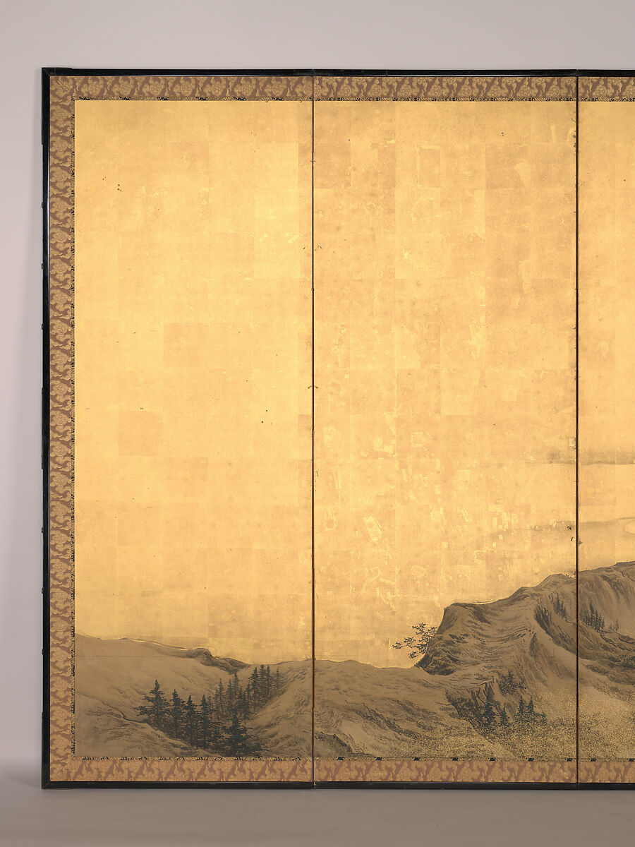 Landscape with Pavilion, Mori Shūhō (Japanese, 1738–1823), Pair of six-panel folding screens; ink, color, gold flecks, and gold leaf on paper, Japan