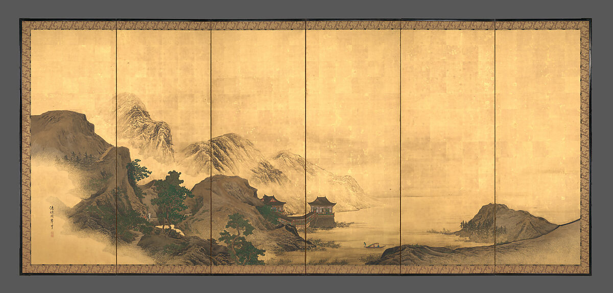 Landscape with Pavilion, Mori Shūhō (Japanese, 1738–1823), Pair of six-panel folding screens; ink, color, gold flecks, and gold leaf on paper, Japan