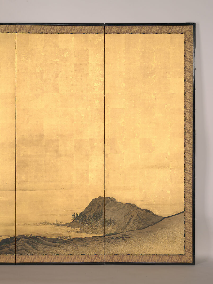 Landscape with Pavilion, Mori Shūhō (Japanese, 1738–1823), Pair of six-panel folding screens; ink, color, gold flecks, and gold leaf on paper, Japan