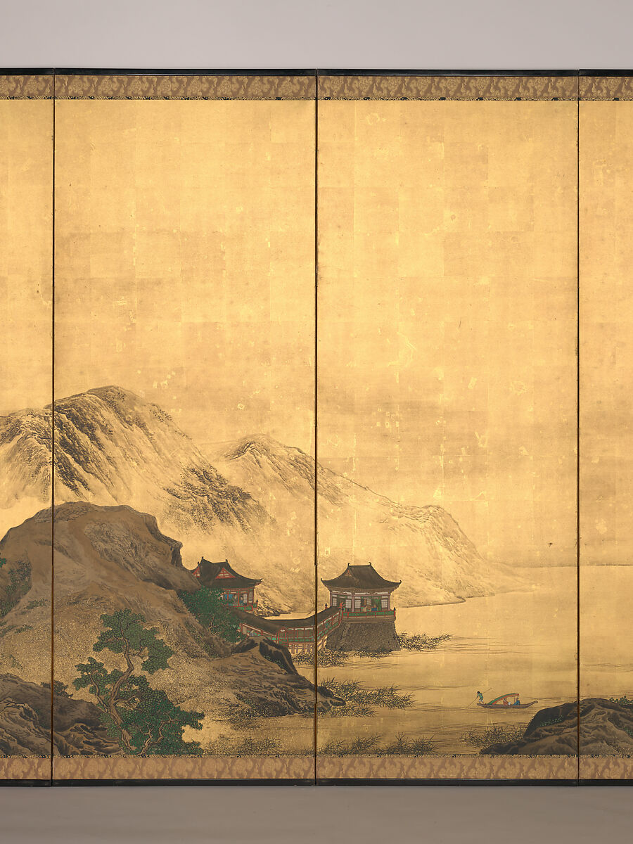 Landscape with Pavilion, Mori Shūhō (Japanese, 1738–1823), Pair of six-panel folding screens; ink, color, gold flecks, and gold leaf on paper, Japan