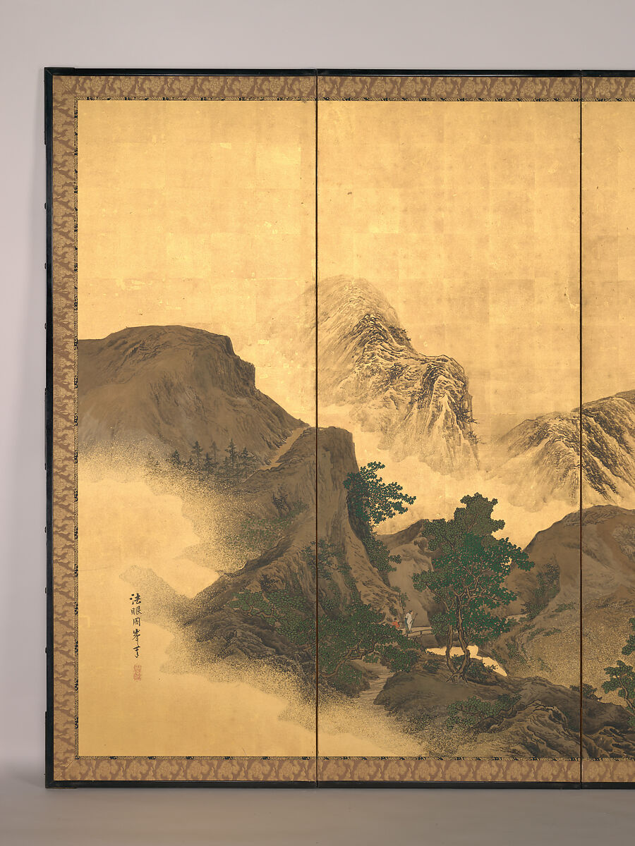 Landscape with Pavilion, Mori Shūhō (Japanese, 1738–1823), Pair of six-panel folding screens; ink, color, gold flecks, and gold leaf on paper, Japan