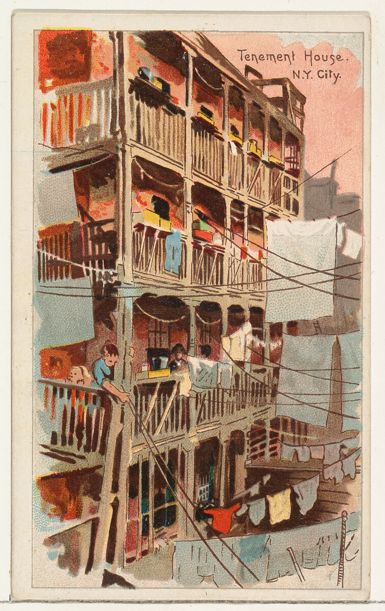 Tenement House, New York City, from the Habitations of Man series (N113) issued by W. Duke, Sons & Co. to promote Honest Long Cut Smoking and Chewing Tobacco, Original lithograph by The Giles Company (New York, NY), Commercial color lithograph 