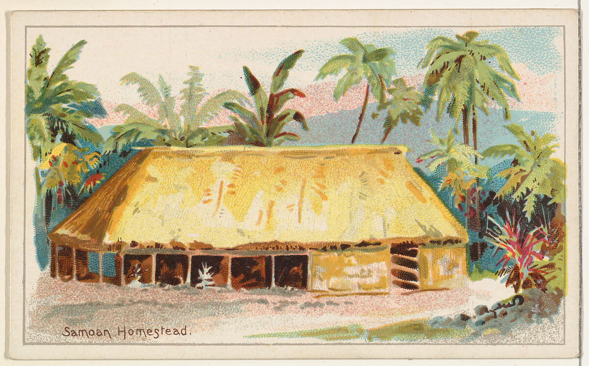 Samoan Homestead, from the Habitations of Man series (N113) issued by W. Duke, Sons & Co. to promote Honest Long Cut Smoking and Chewing Tobacco, Original lithograph by The Giles Company (New York, NY), Commercial color lithograph 