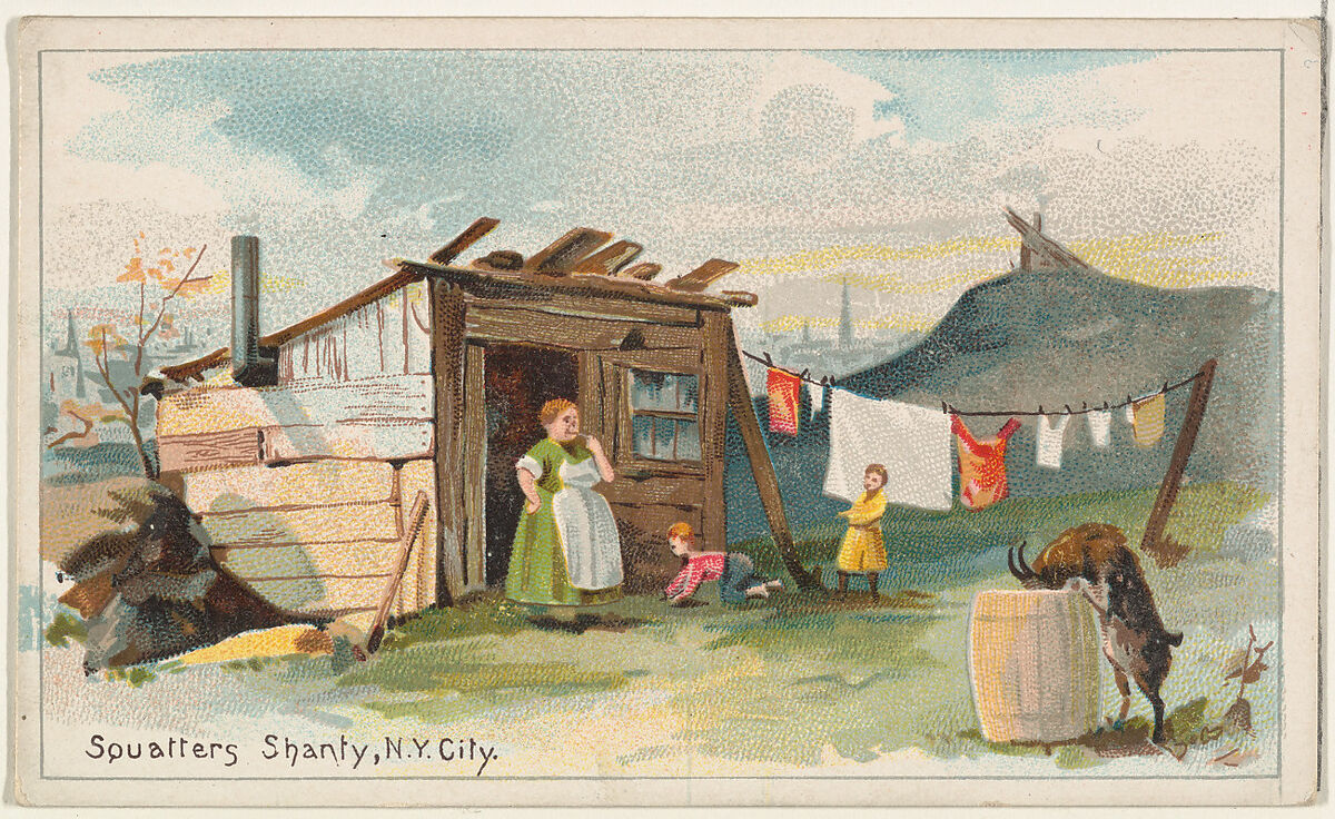 Squatter's Shanty, New York City, from the Habitations of Man series (N113) issued by W. Duke, Sons & Co. to promote Honest Long Cut Smoking and Chewing Tobacco, Original lithograph by The Giles Company (New York, NY), Commercial color lithograph 