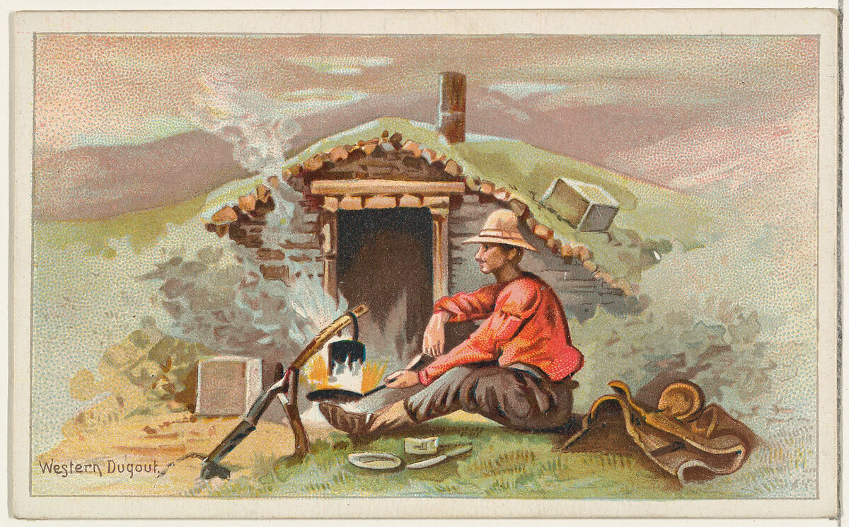 Western Dugout, from the Habitations of Man series (N113) issued by W. Duke, Sons & Co. to promote Honest Long Cut Smoking and Chewing Tobacco, Original lithograph by The Giles Company (New York, NY), Commercial color lithograph 