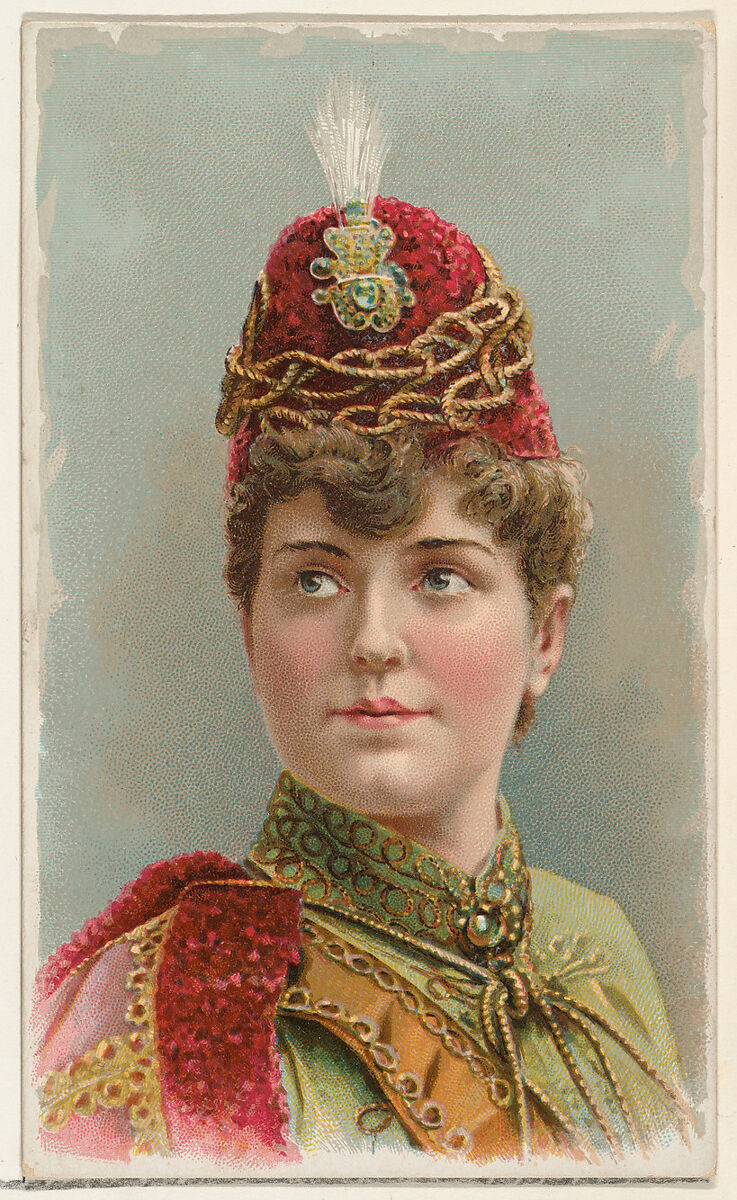 Actress wearing military-inspired cap, from Stars of the Stage, First Series (N129) issued by W. Duke, Sons & Co. to promote Honest Long Cut Tobacco, Issued by W. Duke, Sons &amp; Co. (New York and Durham, N.C.), Commercial color lithograph 