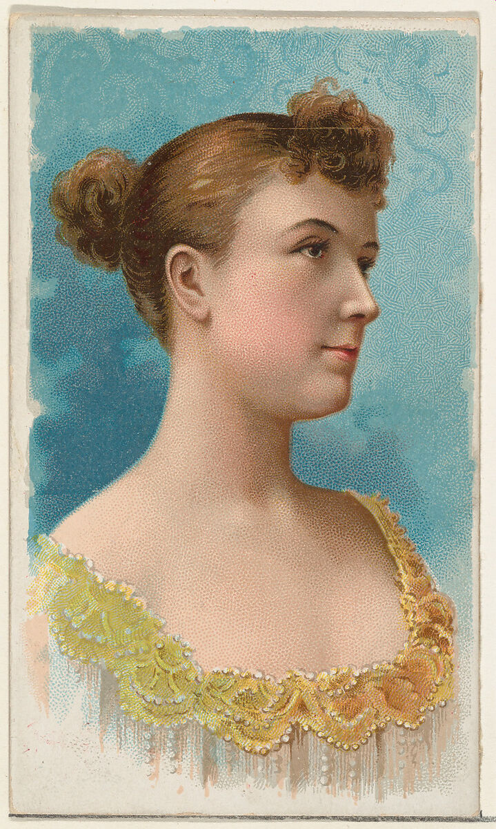 Actress wearing yellow beaded bodice, from Stars of the Stage, First Series (N129) issued by W. Duke, Sons & Co. to promote Honest Long Cut Tobacco, Issued by W. Duke, Sons &amp; Co. (New York and Durham, N.C.), Commercial color lithograph 