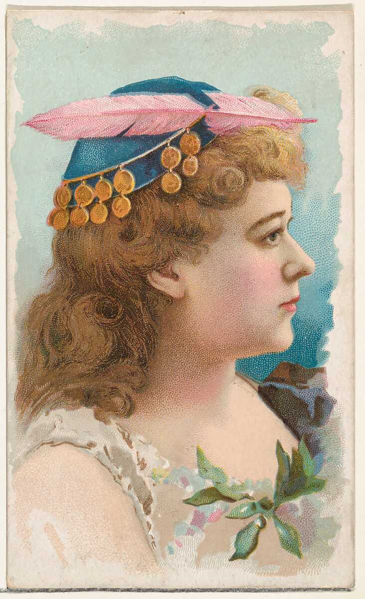 Actress wearing blue cap with pink feather, from Stars of the Stage, First Series (N129) issued by W. Duke, Sons & Co. to promote Honest Long Cut Tobacco, Issued by W. Duke, Sons &amp; Co. (New York and Durham, N.C.), Commercial color lithograph 