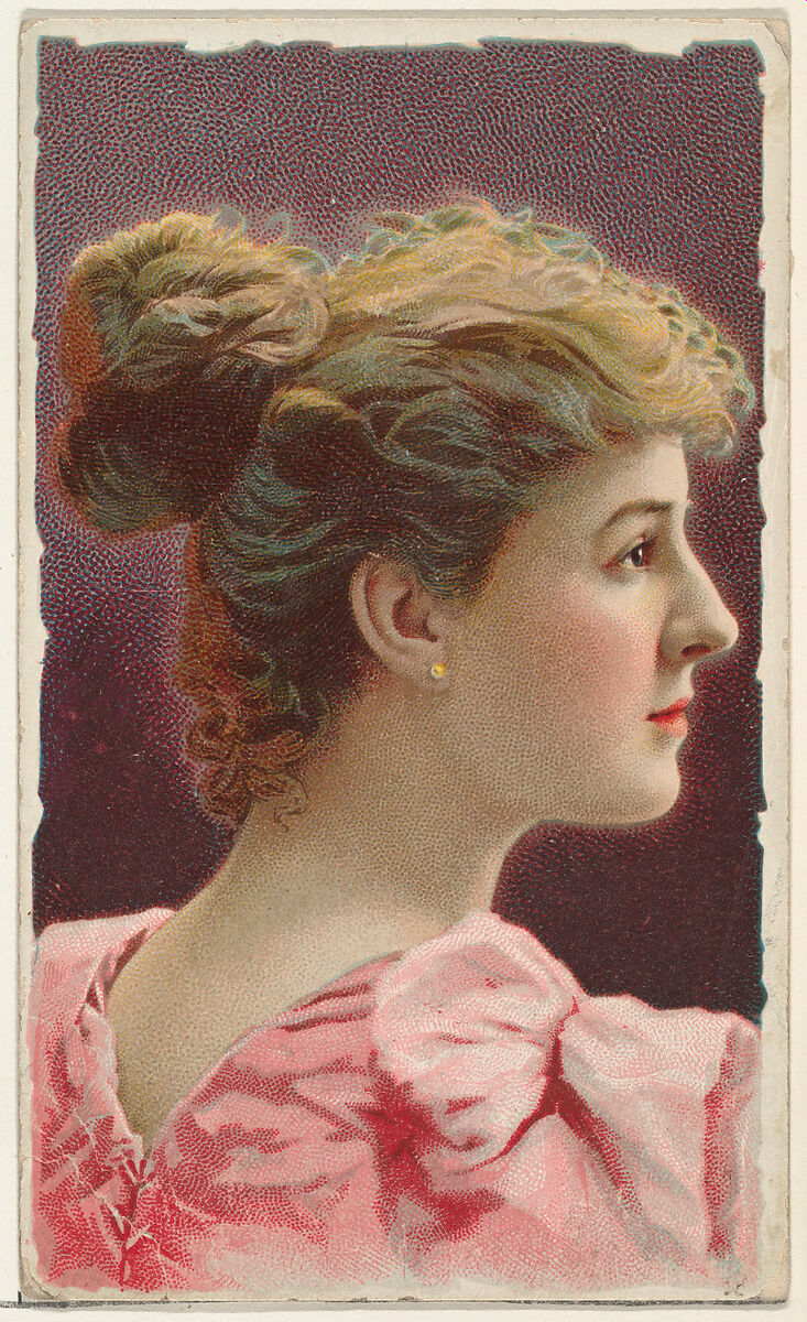 Profile of actress wearing pink bodice, from Stars of the Stage, First Series (N129) issued by W. Duke, Sons & Co. to promote Honest Long Cut Tobacco, Issued by W. Duke, Sons &amp; Co. (New York and Durham, N.C.), Commercial color lithograph 