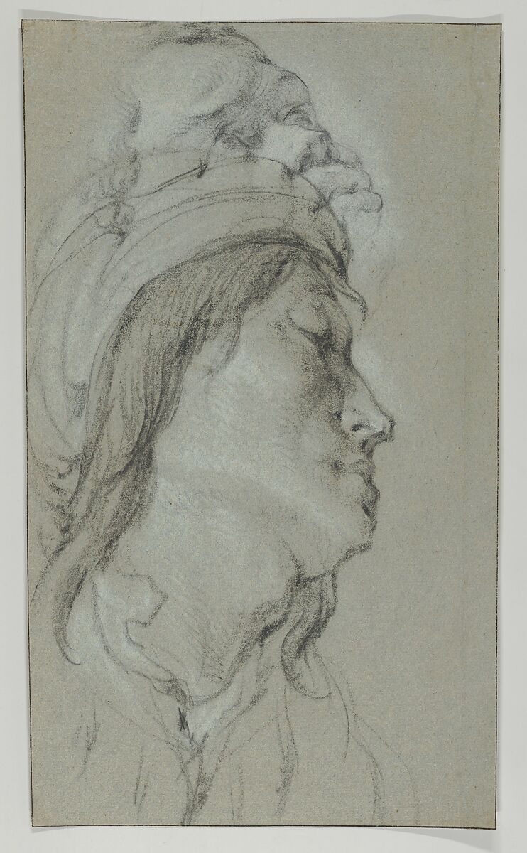 Head Studies of A Young Man Wearing a Hat and of a Black Man, attributed to Lucas Franchoys the Younger (Flemish, Mechelen 1616–1681 Mechelen), Black and white chalk, on blue paper; framing line in pen and black ink 