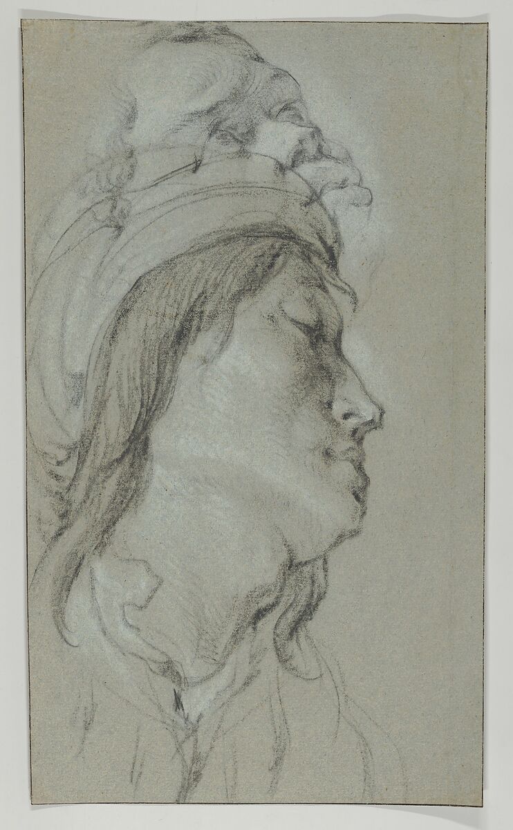 Head Studies of A Young Man Wearing a Hat and of a Black Man, Attributed to Lucas Franchoys the Younger (Flemish, Mechelen 1616–1681 Mechelen), Black and white chalk, on blue paper; framing lines in pen and black ink 