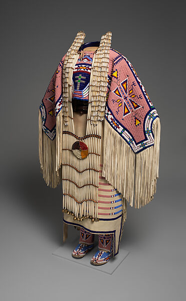 Woman’s Dress and Accessories, Jodi Archambault (American, Hunkpapa Lakota/Teton Sioux, born North Dakota, 1969), Tanned and commercial leather, glass and metal beads, cotton, silk, dentalium shell, metal cones, horsehair, plastic, brass bells, porcupine quills, coins, Hunkpapa Lakota (Teton Sioux)