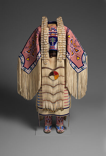 Woman’s Dress and Accessories, Jodi Archambault (American, Hunkpapa Lakota/Teton Sioux, born North Dakota, 1969), Tanned and commercial leather, glass and metal beads, cotton, silk, dentalium shell, metal cones, horsehair, plastic, bone, brass bells, porcupine quills, coins, Hunkpapa Lakota (Teton Sioux) 
