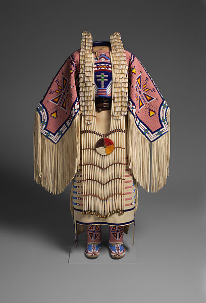 Woman’s Dress and Accessories, Jodi Archambault  American, Tanned and commercial leather, glass and metal beads, cotton, silk, dentalium shell, metal cones, horsehair, plastic, bone, brass bells, porcupine quills, coins, Hunkpapa Lakota (Teton Sioux)