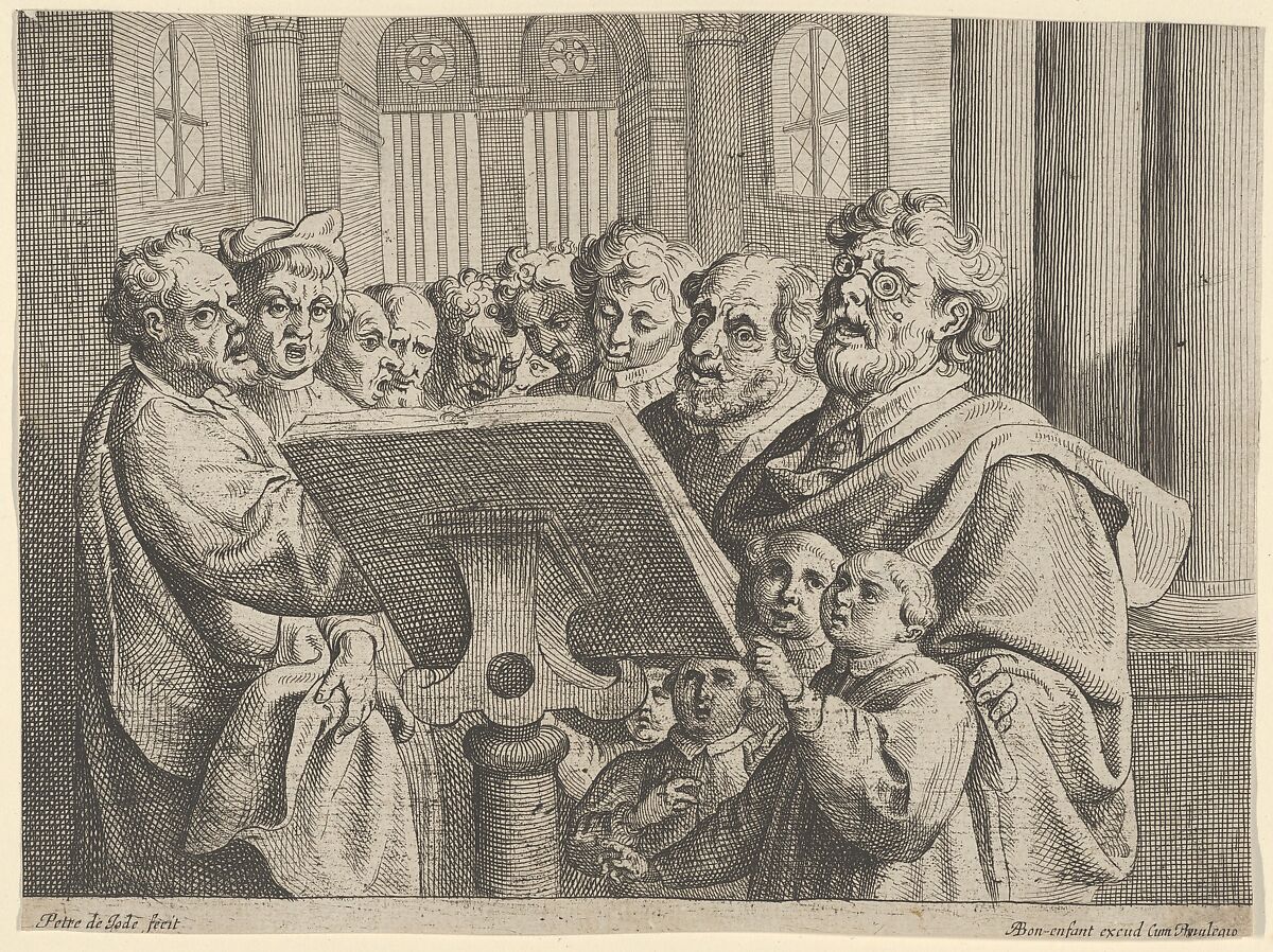 Ten Men and Four Boys Singing in a Church, Pieter de Jode II (Flemish, 1606–ca. 1674), Etching and engraving 