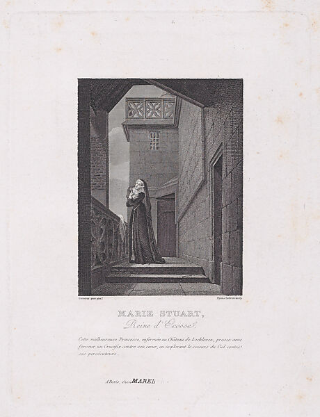 Mary, Queen of Scots, on the battlements of Lochleven Castle praying that God will deliver her from her persecutors, Achille Désiré Lefèvre (French, Paris 1798–1864 Paris), Etching 