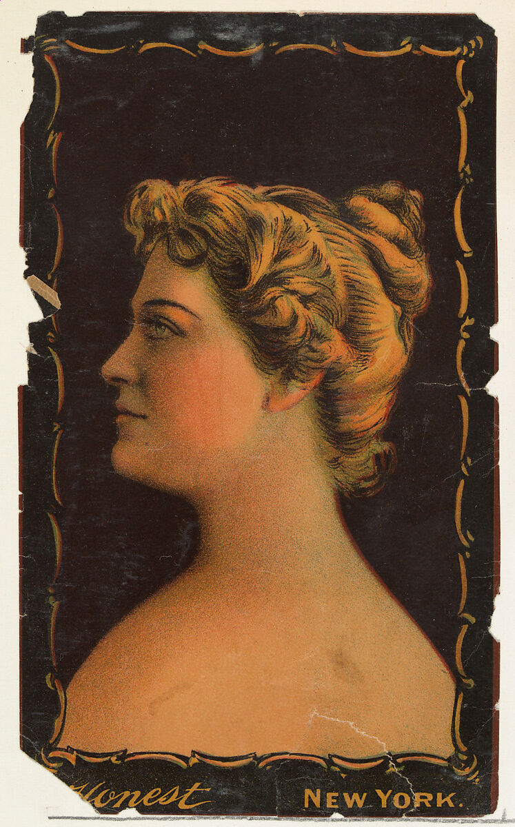 Portrait of actress facing left, from the Transparencies series (N137) issued by W. Duke, Sons & Co. to promote Honest Long Cut Tobacco, Issued by W. Duke, Sons &amp; Co. (New York and Durham, N.C.), Commercial color lithograph 