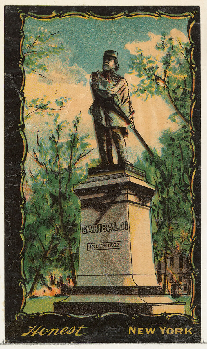 Garibaldi Monument, Washington Square Park, New York City, from the Transparencies series (N137) issued by W. Duke, Sons & Co. to promote Honest Long Cut Tobacco, Issued by W. Duke, Sons &amp; Co. (New York and Durham, N.C.), Commercial color lithograph 