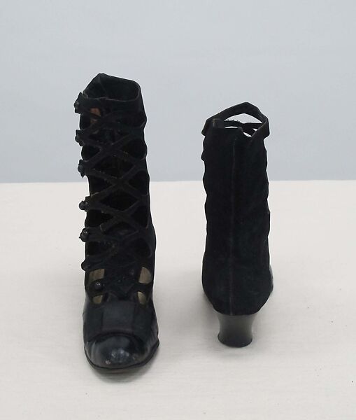 Boots, leather, silk, metal, American