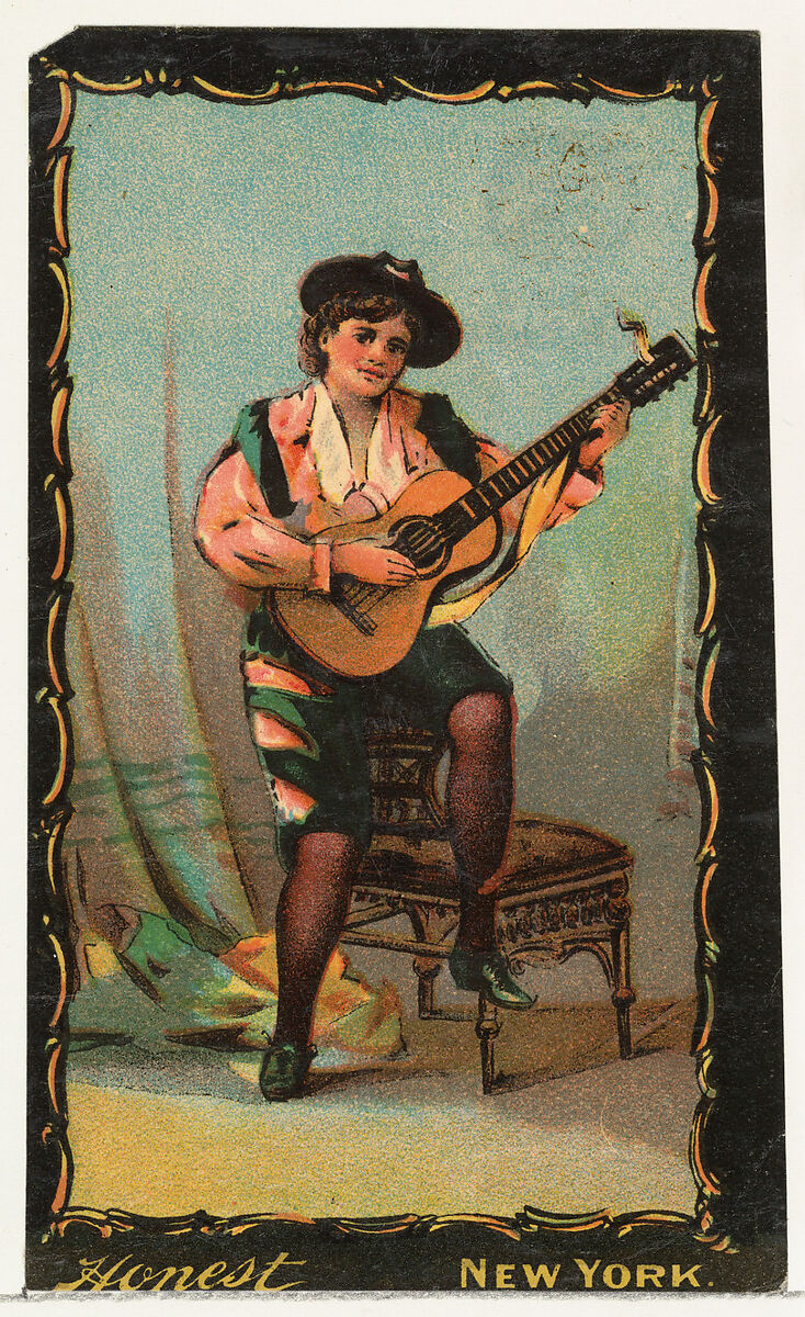 Actress playing guitar, from the Transparencies series (N137) issued by W. Duke, Sons & Co. to promote Honest Long Cut Tobacco, Issued by W. Duke, Sons &amp; Co. (New York and Durham, N.C.), Commercial color lithograph 