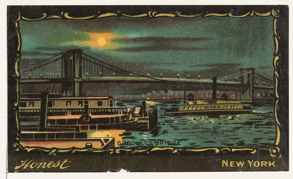 Brooklyn Bridge, from the Transparencies series (N137) issued by W. Duke, Sons & Co. to promote Honest Long Cut Tobacco, Issued by W. Duke, Sons &amp; Co. (New York and Durham, N.C.), Commercial color lithograph 