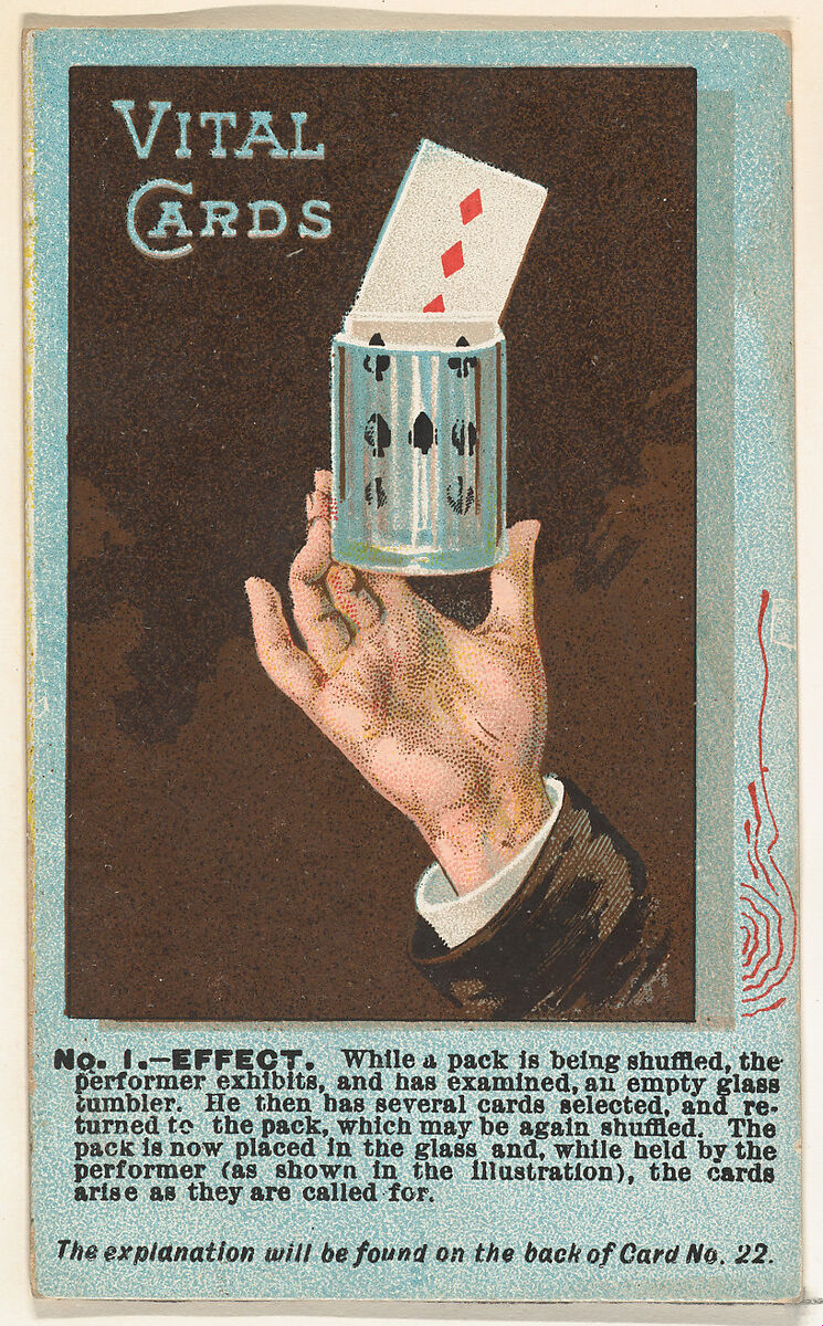 Number 1, Vital Cards, from the Tricks with Cards series (N138) issued by W. Duke, Sons & Co. to promote Honest Long Cut Tobacco, Issued by W. Duke, Sons &amp; Co. (New York and Durham, N.C.), Commercial color lithograph 