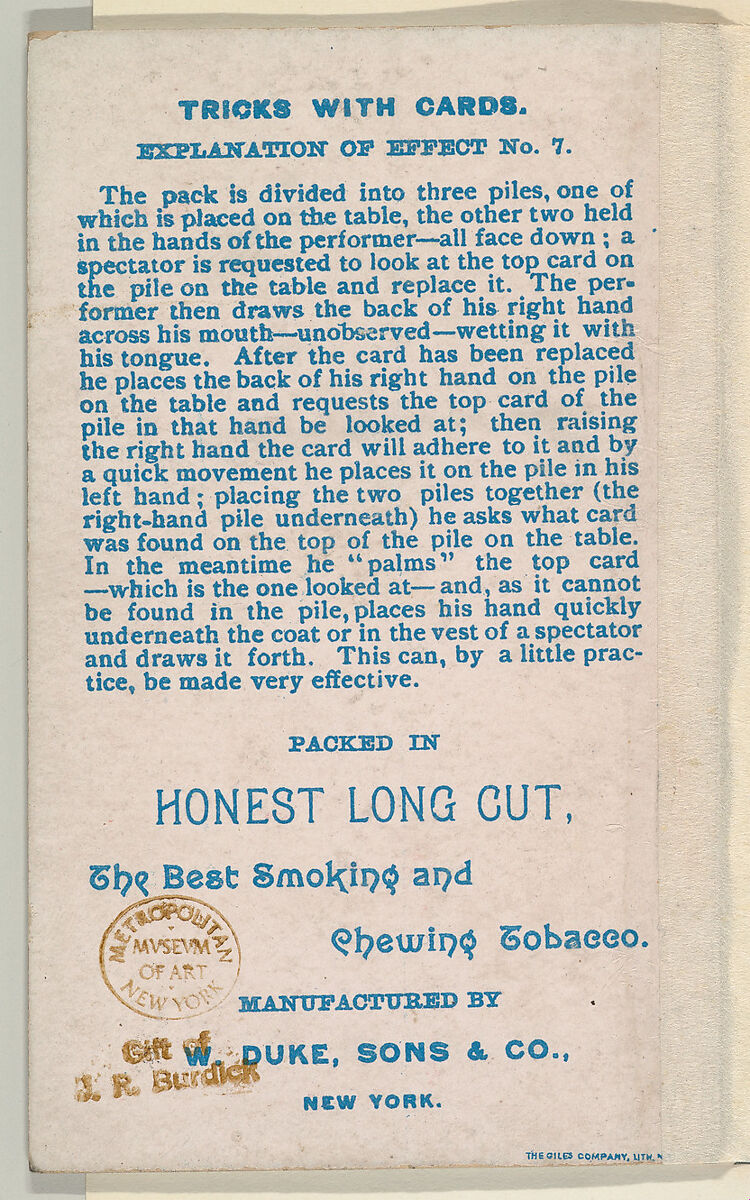 Number 1, Vital Cards, from the Tricks with Cards series (N138) issued by W. Duke, Sons & Co. to promote Honest Long Cut Tobacco, Issued by W. Duke, Sons &amp; Co. (New York and Durham, N.C.), Commercial color lithograph