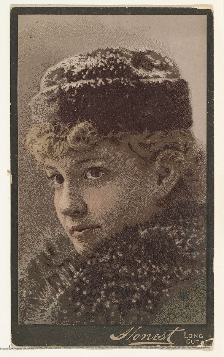 Actress wearing fur collar and hat, from Stars of the Stage, Third Series (N131) issued by Duke Sons & Co. to promote Honest Long Cut Tobacco, Issued by W. Duke, Sons &amp; Co. (New York and Durham, N.C.), Commercial color lithograph 