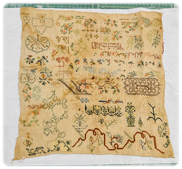 Sampler, Cotton?; embroidered