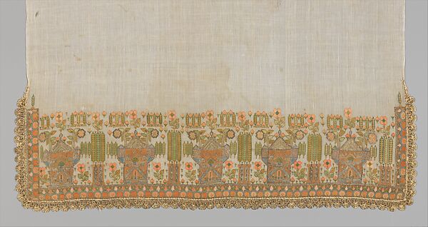 Gold Bordered Napkin with Pavillions, Cotton; embroidered in gold and silver metal wrapped thread 