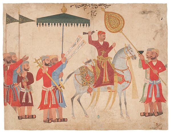 Sultan Husain Nizam Shah I of Ahmadnagar on Horseback, Ink, opaque watercolor, gold and silver on paper 