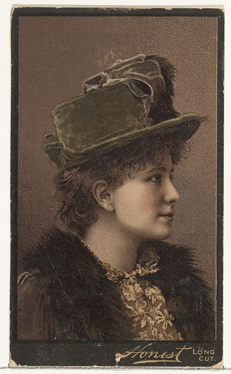 Actress in profile wearing green velvet hat, from Stars of the Stage, Third Series (N131) issued by Duke Sons & Co. to promote Honest Long Cut Tobacco, Issued by W. Duke, Sons &amp; Co. (New York and Durham, N.C.), Commercial color lithograph 