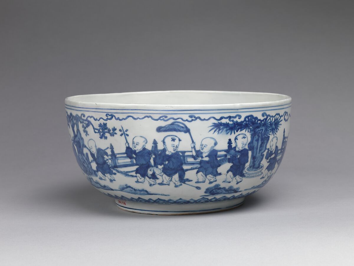 Bowl with children in a garden, Porcelain painted in underglaze cobalt blue (Jingdezhen ware), China 