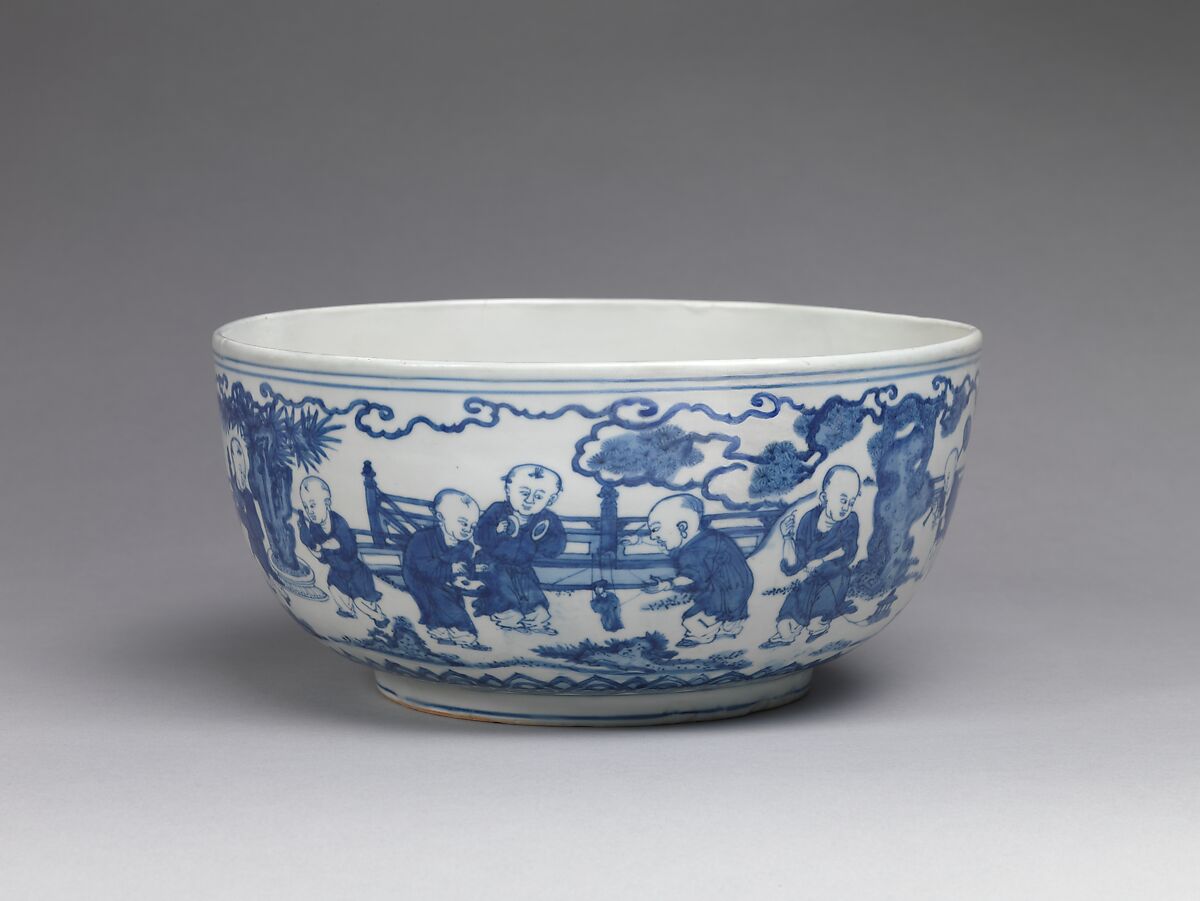 Bowl with children in a garden, Porcelain painted in underglaze cobalt blue (Jingdezhen ware), China