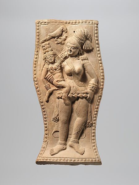 Yakshi Holding a Crowned Child with a Visiting Parrot, Terracotta, India (Bengal) 