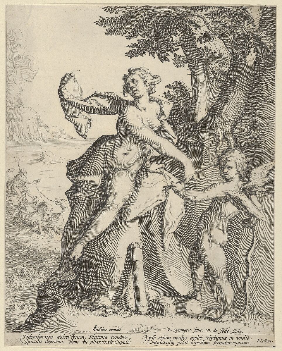 Venus Commanding Cupid to Shoot his Arrow at Pluto, Pieter de Jode I (Netherlandish, Antwerp 1570–Antwerp 1634), Engraving 