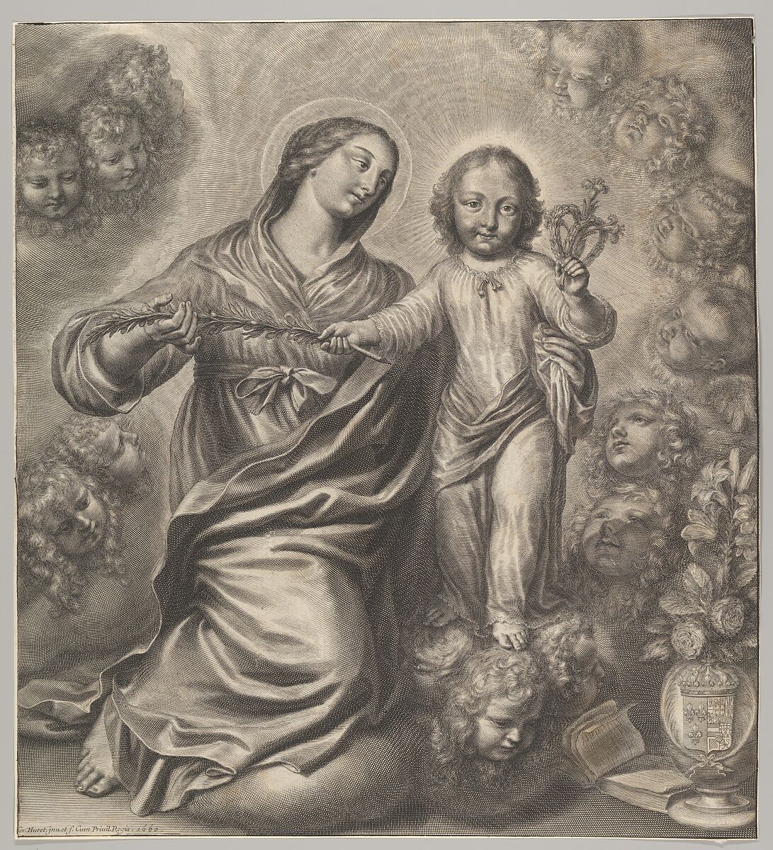 Virgin and Child Surrounded by Cherubs' Heads, Grégoire Huret (French, Lyon 1606–1670 Paris), Engraving 
