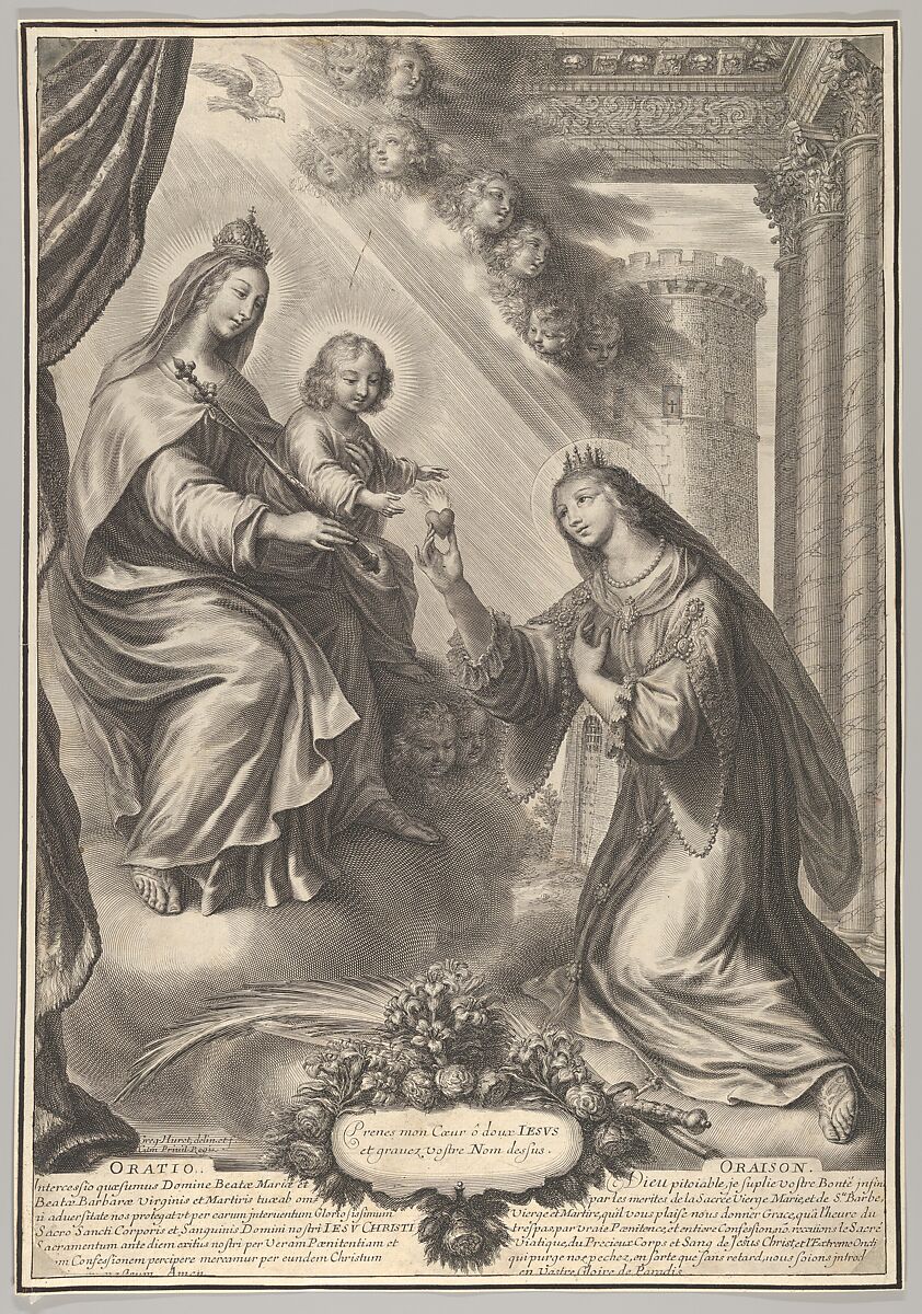 St. Barbara Before the Virgin and Child, Grégoire Huret (French, Lyon 1606–1670 Paris), Engraving 