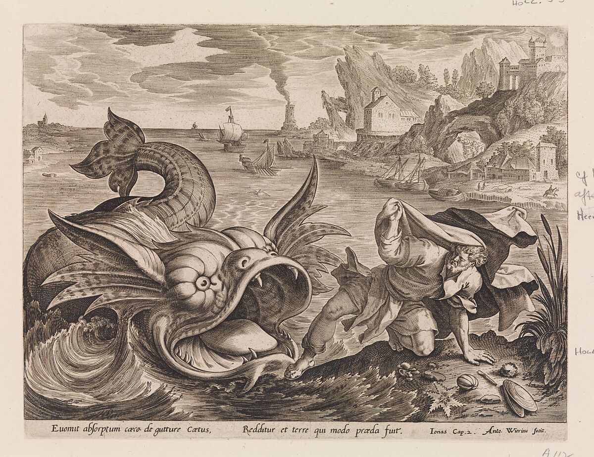 Jonah Cast on Shore by the Fish, Antonius Wierix, II (Netherlandish, Antwerp 1555/59–1604 Antwerp), Engraving 