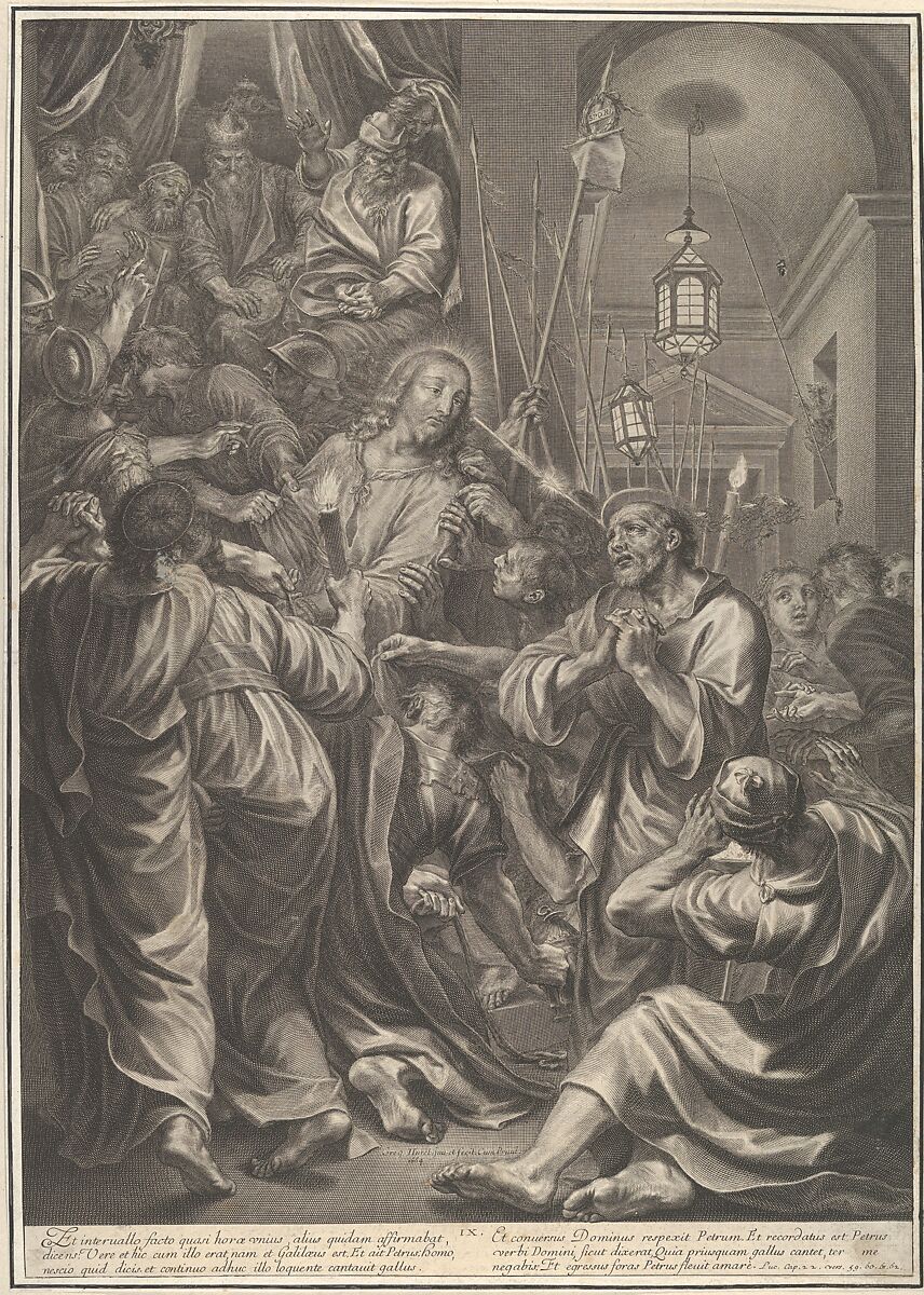 Christ Before Caiaphas looks to St. Peter, who Denies Him, from The Passion of Christ, plate 9, Grégoire Huret (French, Lyon 1606–1670 Paris), Engraving 