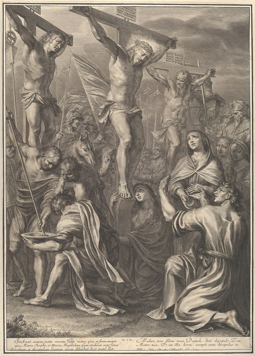 Christ on the Cross with St. Mary and St. John, from The Passion of Christ, plate 19, Grégoire Huret (French, Lyon 1606–1670 Paris), Engraving 