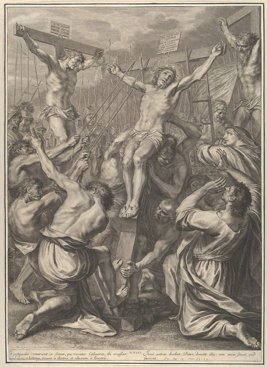 Christ on Raised on the Cross, from The Passion of Christ, plate 19, Grégoire Huret (French, Lyon 1606–1670 Paris), Engraving 