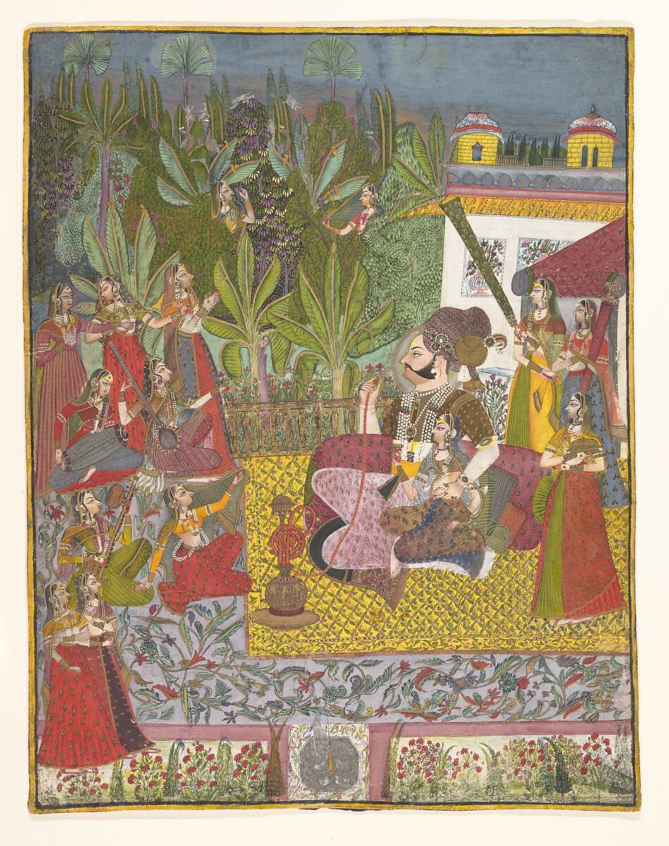 Maharaja Bijay Singh in His Harem, Ink, opaque watercolor, and gold on paper, India (Rajasthan, Jodhpur) 