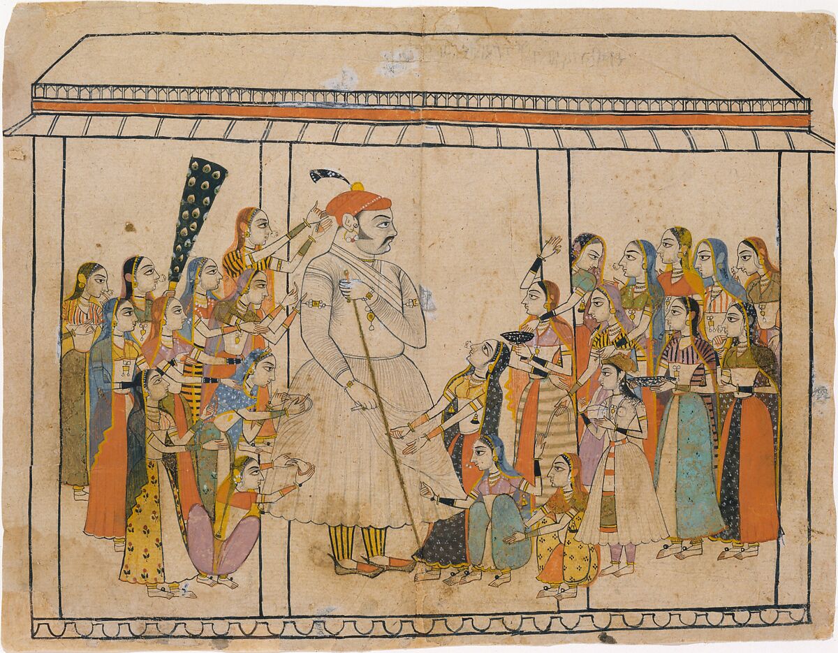 Maharaja Raj Singh Adored by His Ladies, Ink and opaque watercolor on paper, India (Rajasthan, Sawar) 