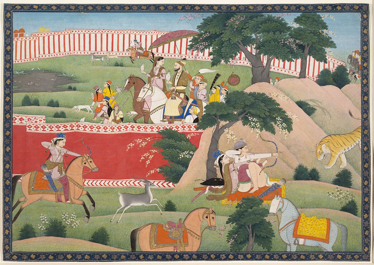 Pleasures of the Hunt, Ink, opaque watercolor, gold and silver on paper, North India, Punjab Hills, Kangra 