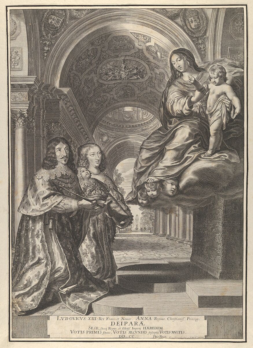 Louis XIII and Anne of Austria Presenting the Dauphin to the Virgin, Grégoire Huret (French, Lyon 1606–1670 Paris), Engraving 