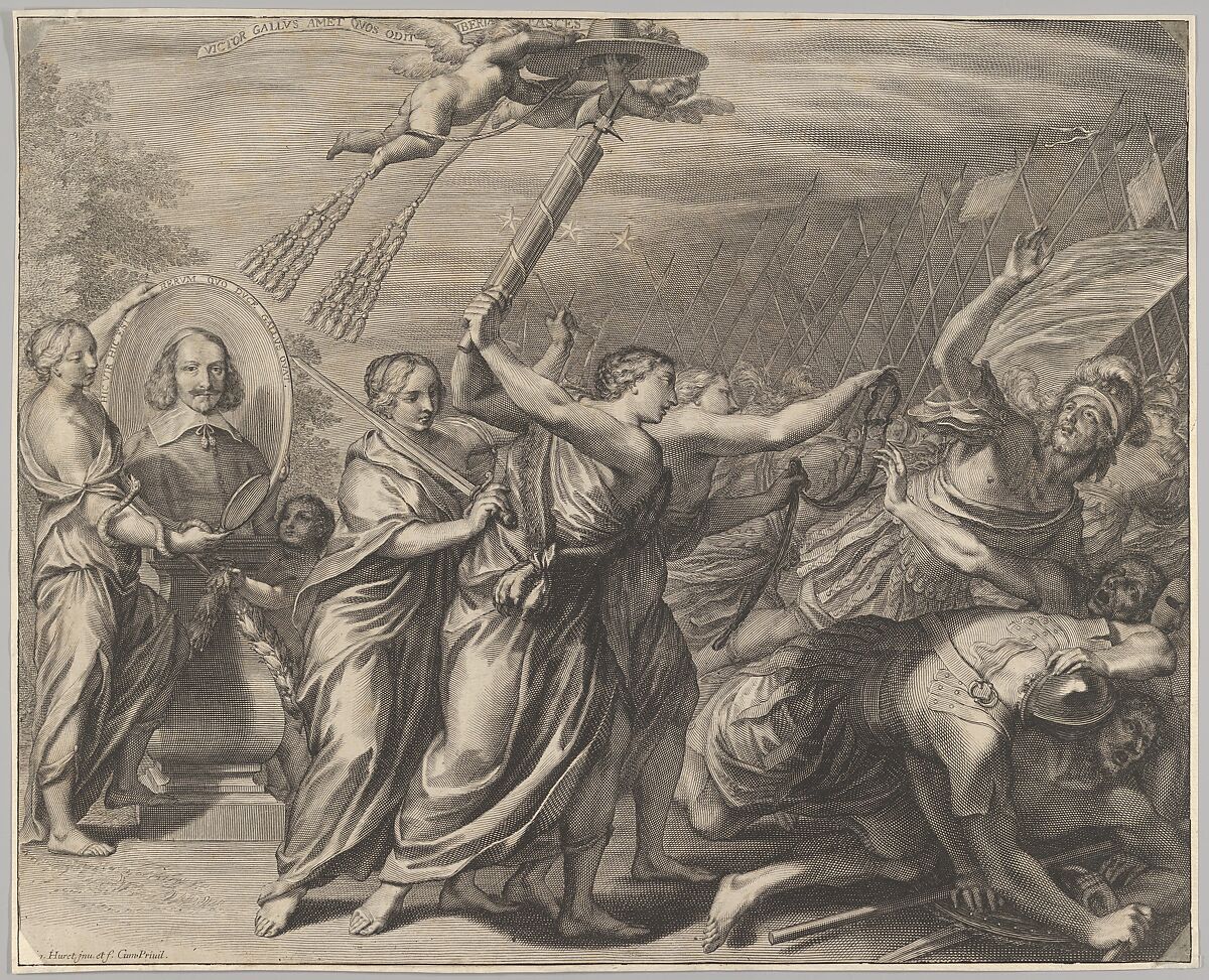 Cardinal (le Bret?) in oval with allegorigal figures and a battle scene, Grégoire Huret (French, Lyon 1606–1670 Paris), Engraving 