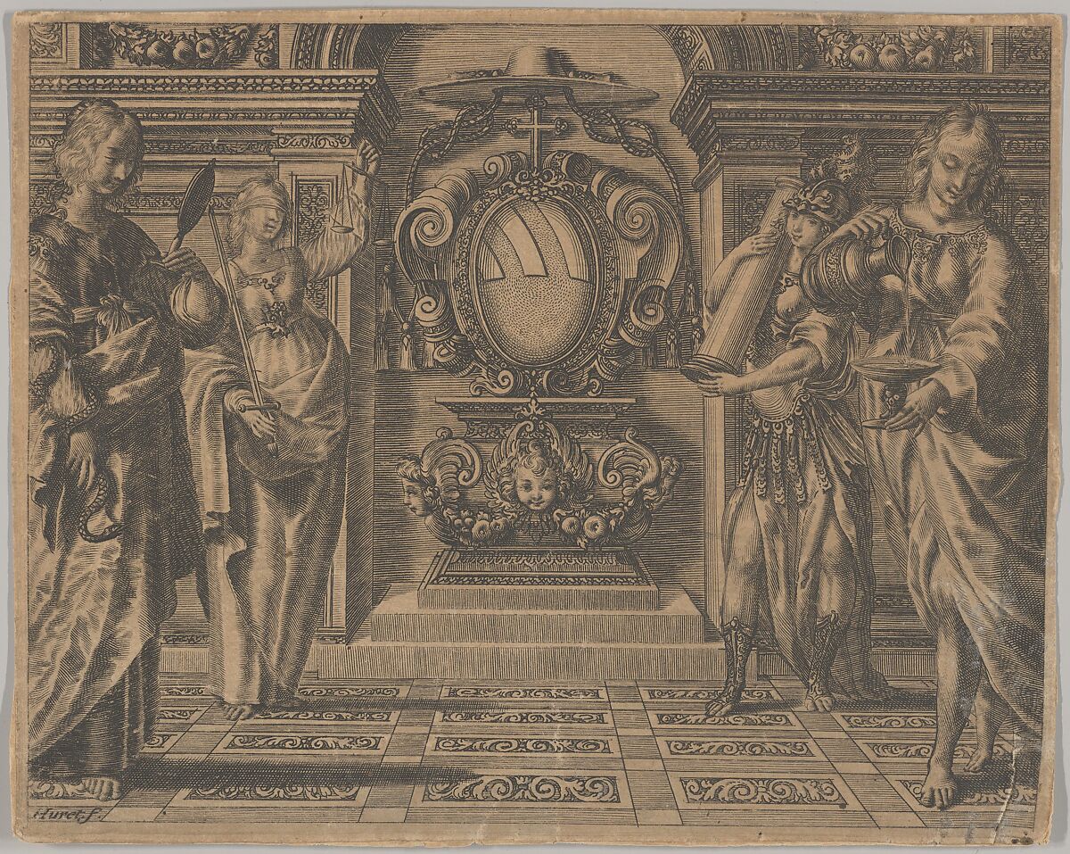 Arms of the Ludovisi Family Surrounded by Four Allegorical Figures, Jean Couvay (French, Arles ca. 1605–1663 Paris), Engraving 